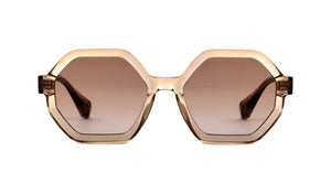 Lunettes de soleil Femme Authentique Gigi Barcelona Modèle Shirley  en Acétate en beige translucide avec des verrés dégradés en marron.